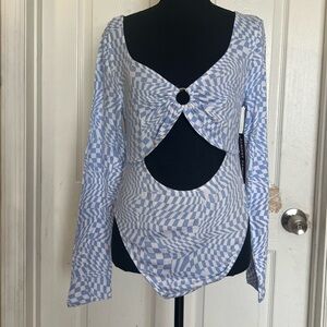 Almost Famous Blue & White Optical-Print Long Sleeve Bodysuit